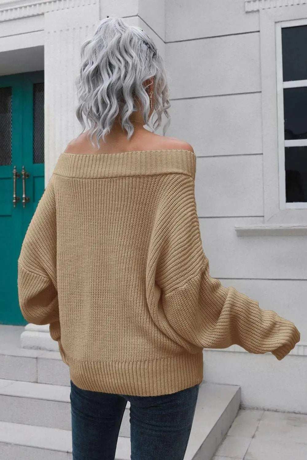 Off-Shoulder Ribbed Long Sleeve Pullover Sweater - Trendsi - Flyclothing LLC