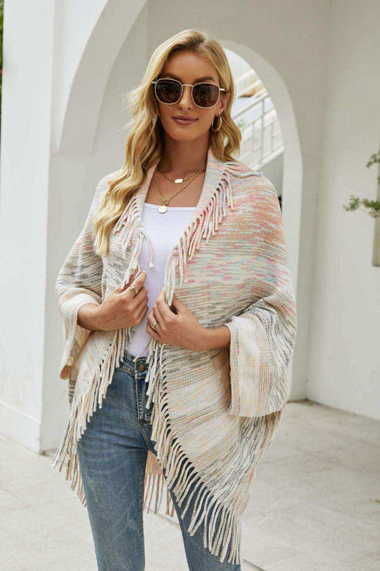 Multicolored Fringe Trim Poncho - Trendsi - Flyclothing LLC
