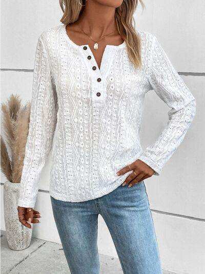 Openwork Half Button Long Sleeve Blouse - Trendsi - Flyclothing LLC