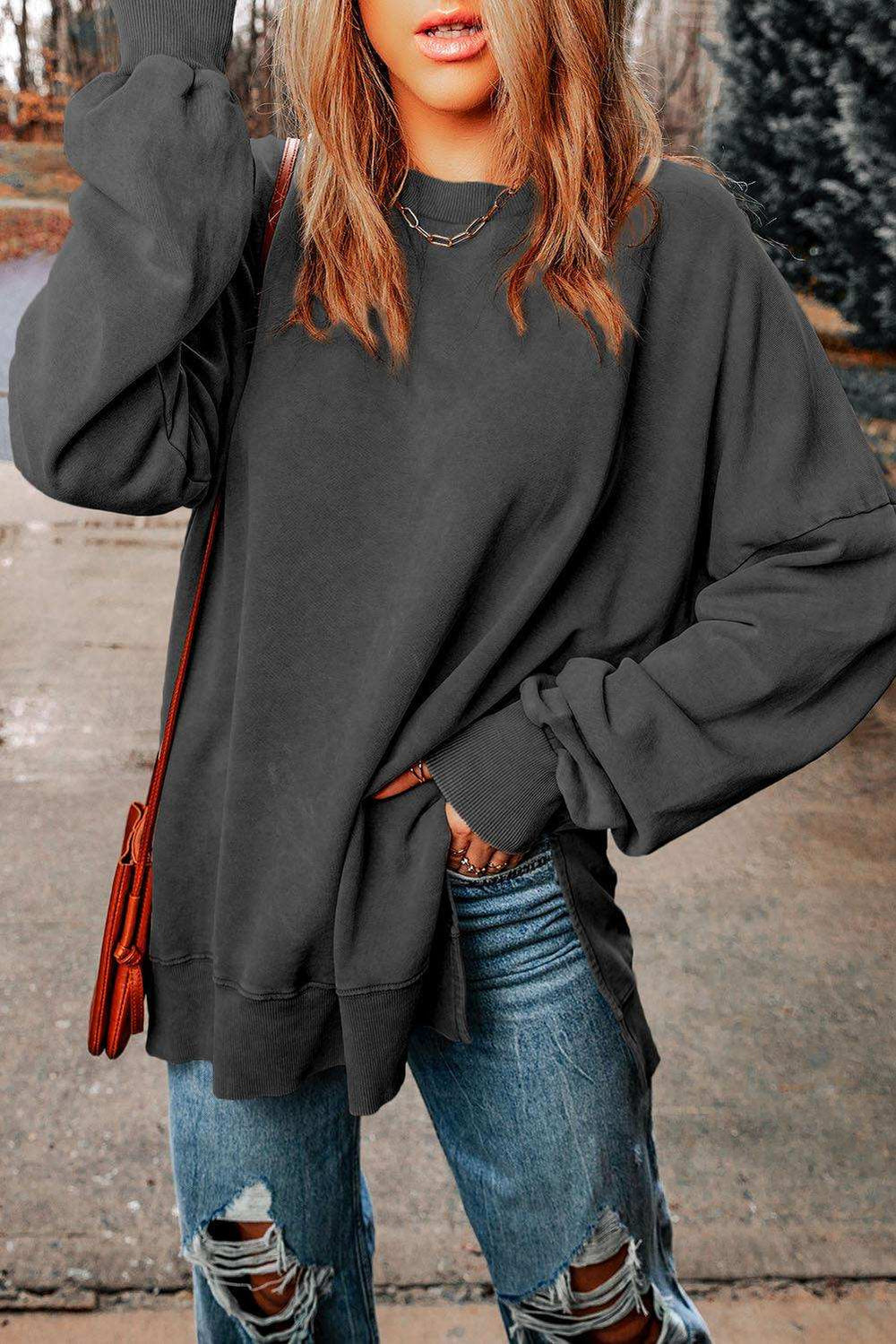 Dropped Shoulder Round Neck Long Sleeve Blouse - Trendsi - Flyclothing LLC