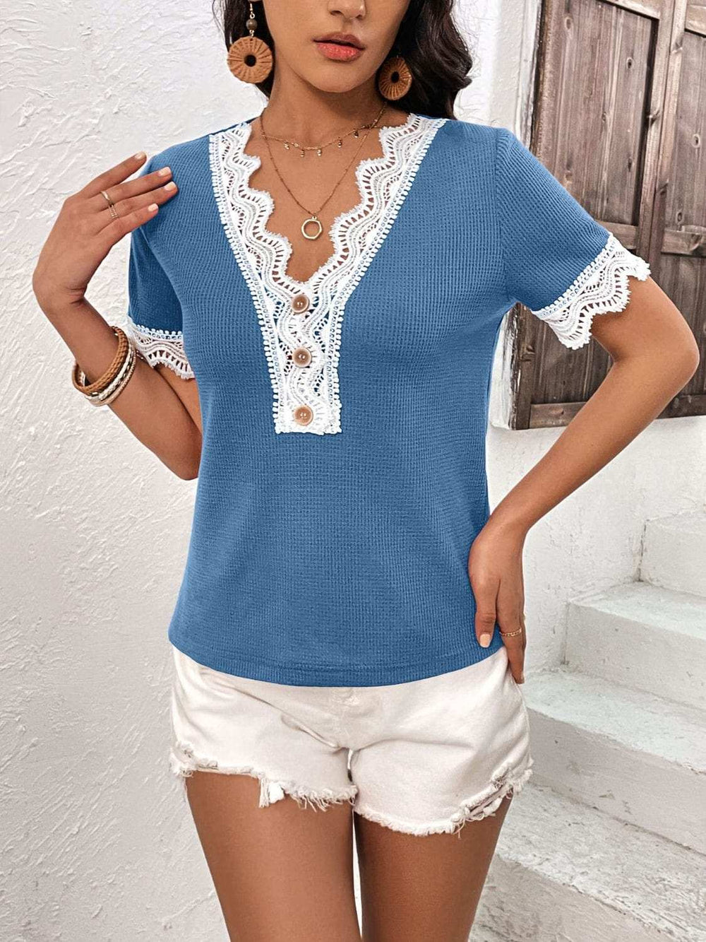 Lace Detail V-Neck Short Sleeve T-Shirt - Trendsi - Flyclothing LLC