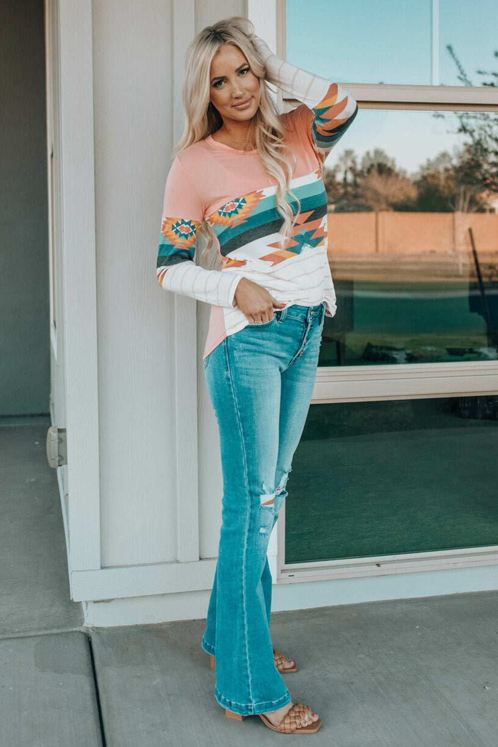 Geometric Round Neck Long Sleeve T-Shirt - Trendsi - Flyclothing LLC