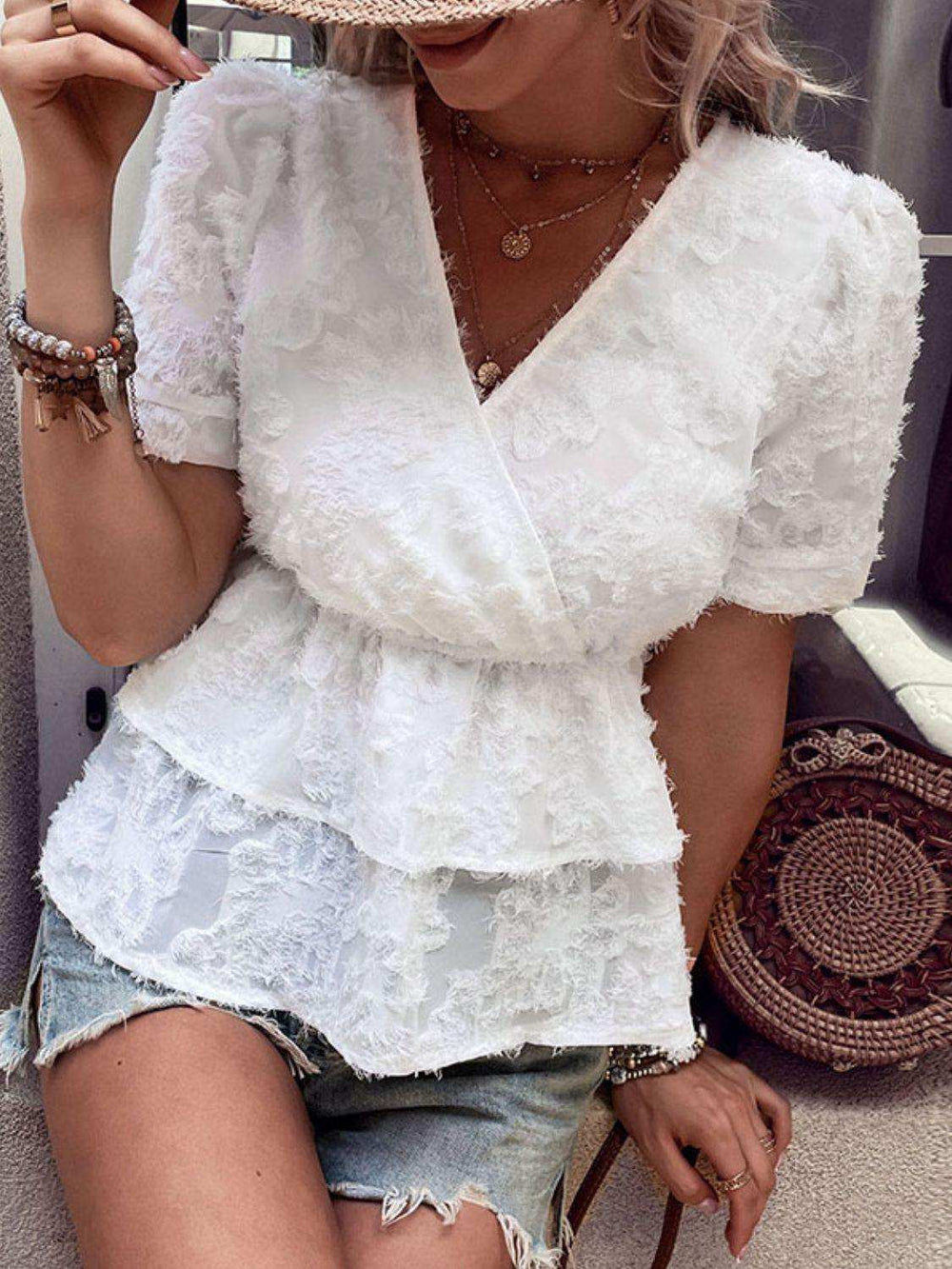 Surplice Neck Layered Peplum Top - Trendsi - Flyclothing LLC