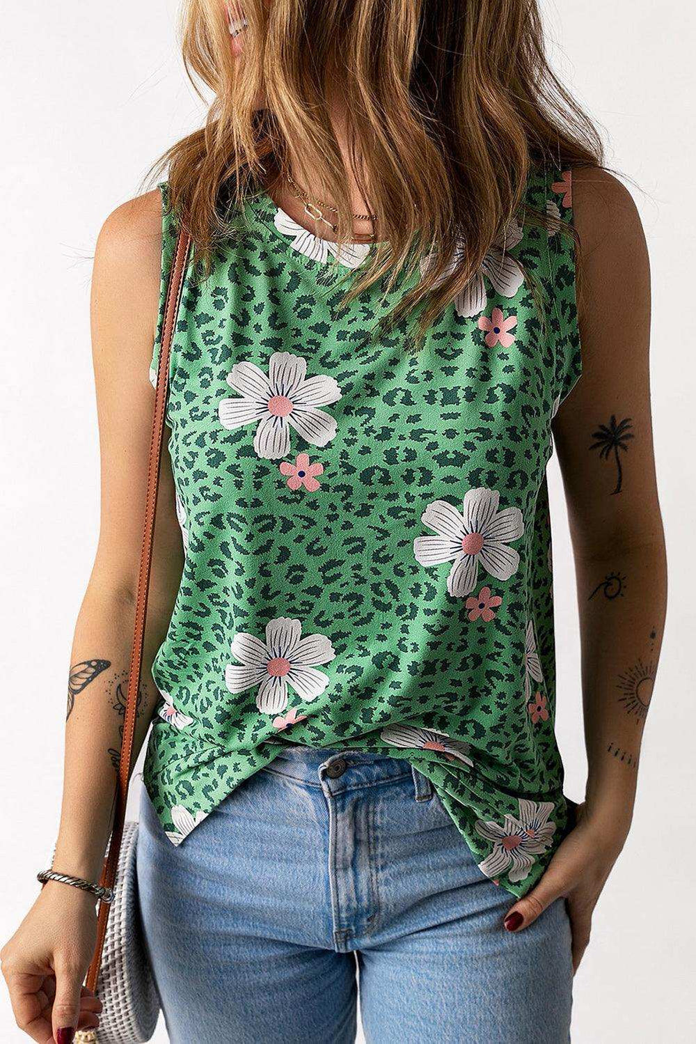 Printed Side Slit Round Neck Tank - Trendsi - Flyclothing LLC