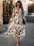 Printed V-Neck Long Sleeve Midi Dress - Trendsi - Flyclothing LLC