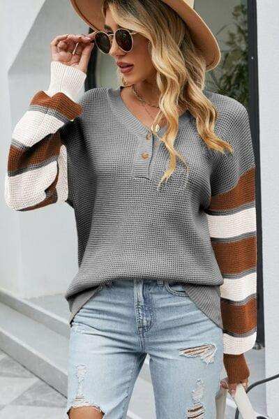 Color Block V-Neck Dropped Shoulder Sweater - Trendsi - Flyclothing LLC