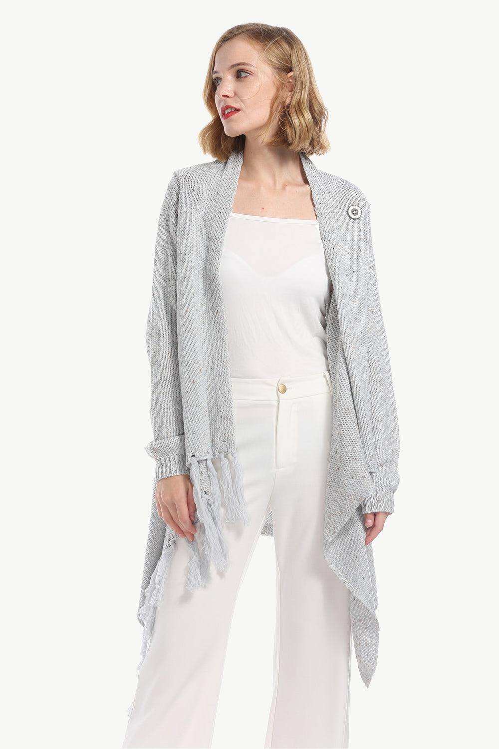 One-Button Tassel Tie Asymmetrical Hem Cardigan - Trendsi - Flyclothing LLC
