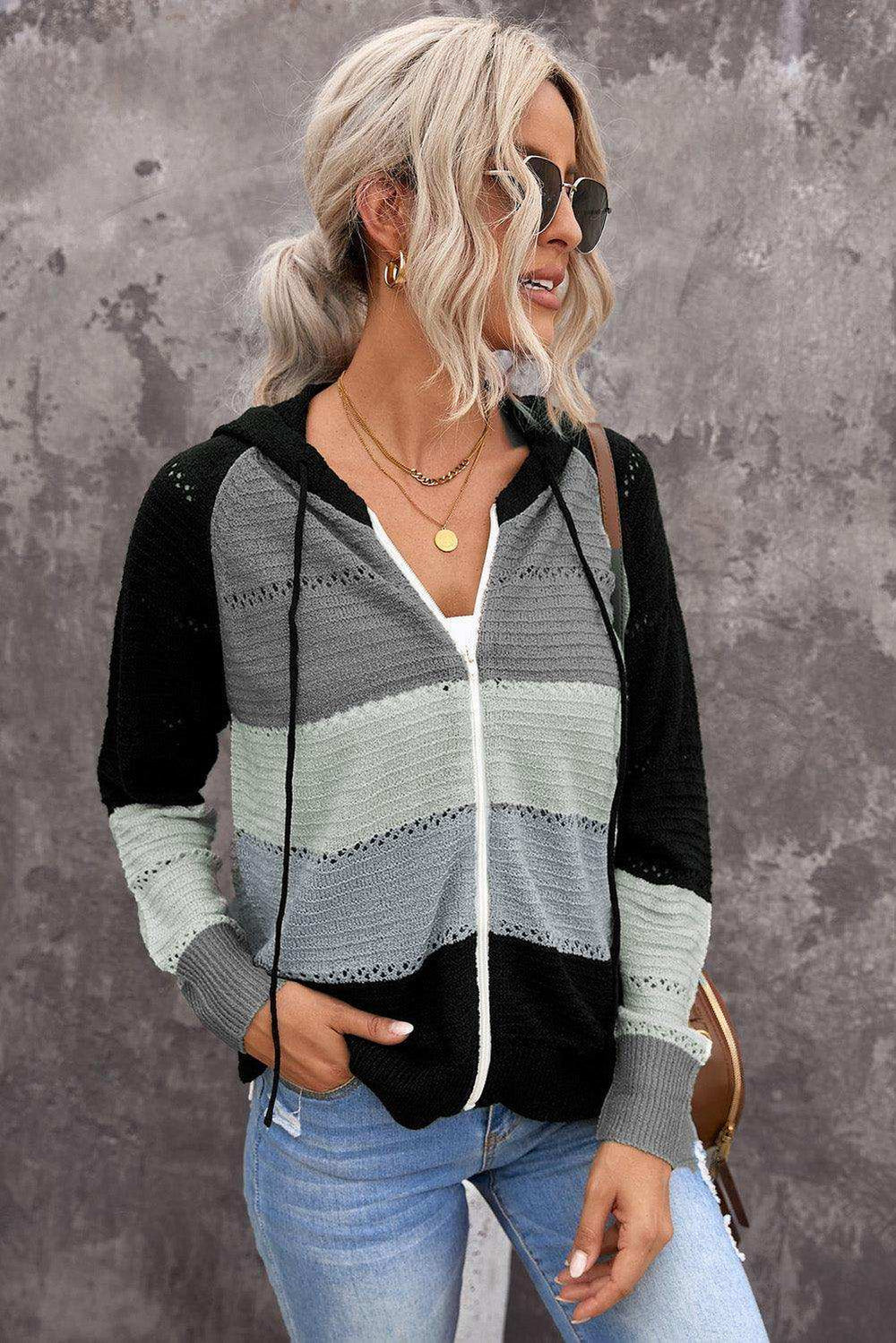 Zip-Up Raglan Sleeve Openwork Hooded Cardigan - Trendsi - Flyclothing LLC