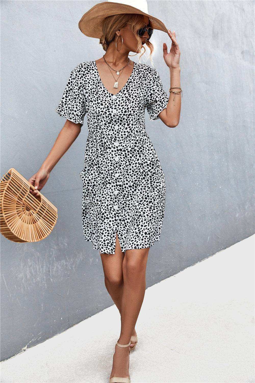 Printed Button down Pocketed Dress - Trendsi - Flyclothing LLC
