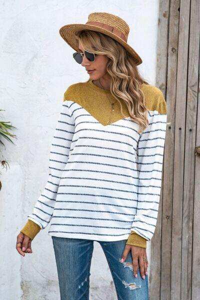 Striped Round Neck Long Sleeve T-Shirt - Trendsi - Flyclothing LLC