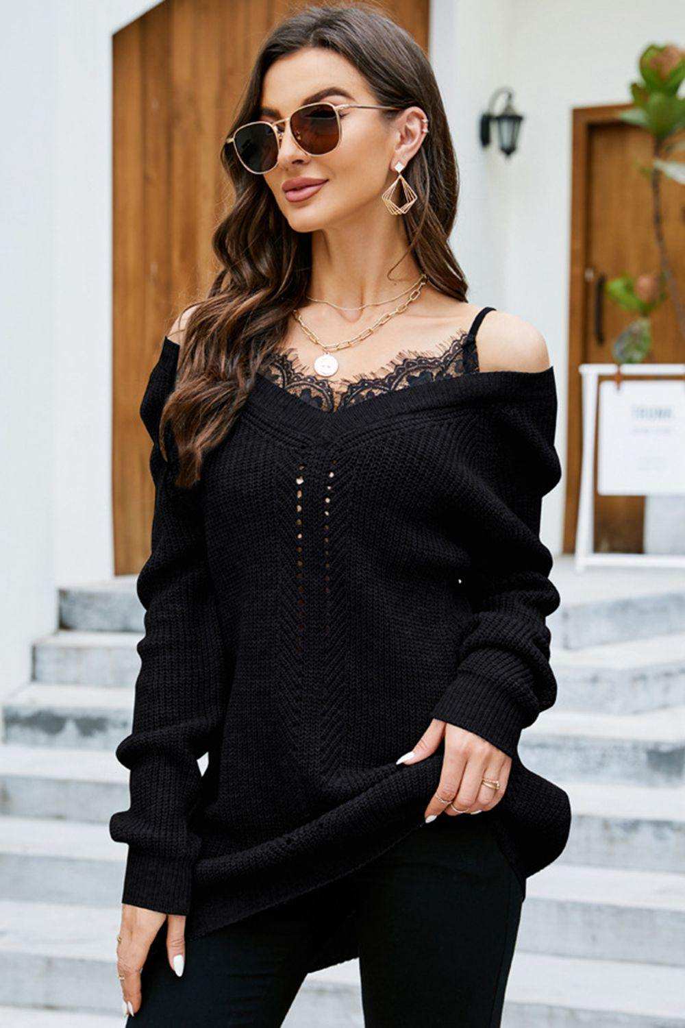 Openwork V-Neck Long Sleeve Sweater - Trendsi - Flyclothing LLC