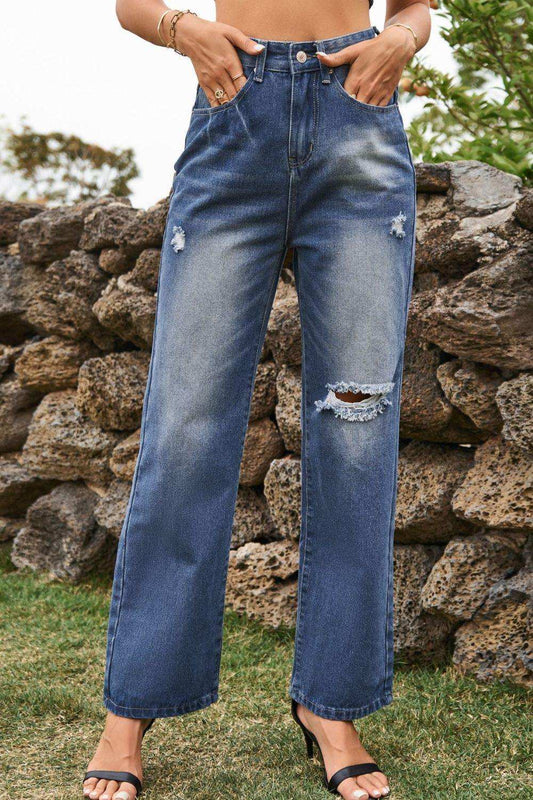 Distressed Buttoned Loose Fit Jeans - Trendsi - Flyclothing LLC