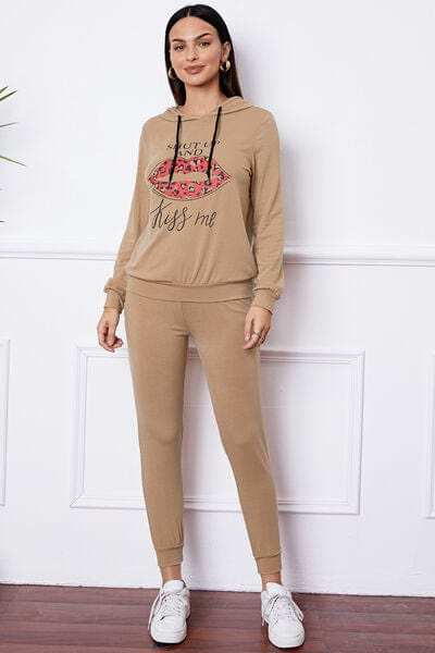 SHUT UP AND KISS ME Lip Graphic Hooded Top and Drawstring Pants Set - Trendsi - Flyclothing LLC