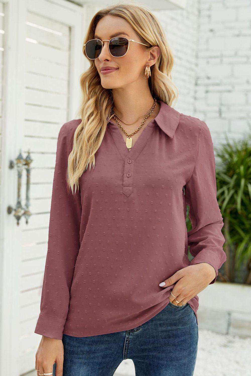 Swiss Dot Johnny Collar Blouse - Trendsi - Flyclothing LLC