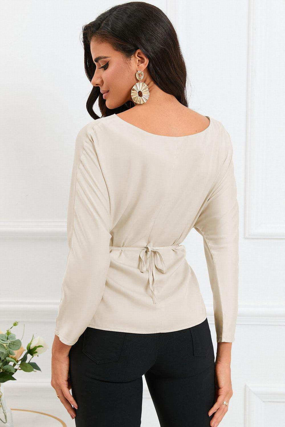 Boat Neck Back Tie Long Sleeve Satin Blouse - Trendsi - Flyclothing LLC