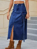 Slit Pocketed High Waist Denim Skirt - Trendsi - Flyclothing LLC