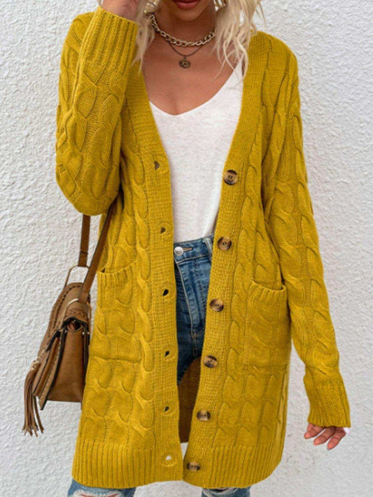 Cable-Knit Button Down Cardigan with Pockets - Trendsi - Flyclothing LLC
