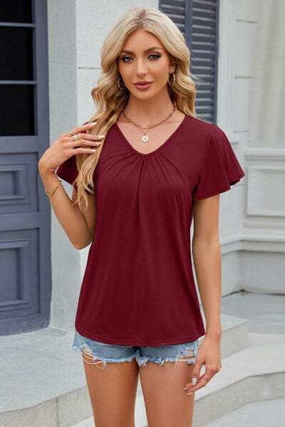 V-Neck Flutter Sleeve T-Shirt - Trendsi - Flyclothing LLC