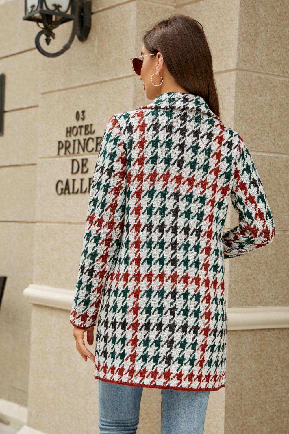 Printed Open Front Lapel Collar Cardigan with Pockets - Trendsi - Flyclothing LLC