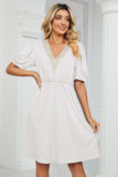 Contrast V-Neck Puff Sleeve Pocket Dress - Trendsi - Flyclothing LLC
