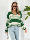 Striped V-Neck Long Sleeve Knit Top - Trendsi - Flyclothing LLC