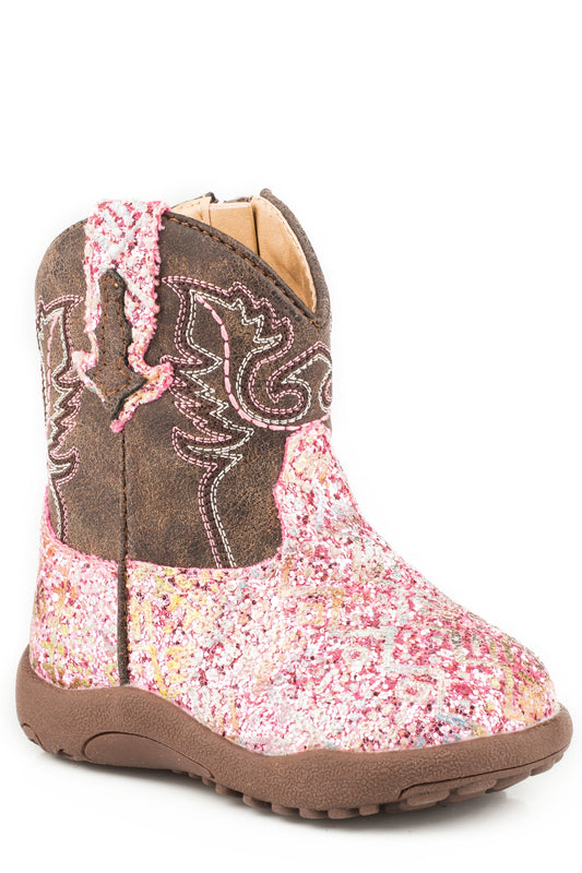 Roper Infant Girls Pink Southwest Glitter Vamp With Brown Shaft Cowbaby