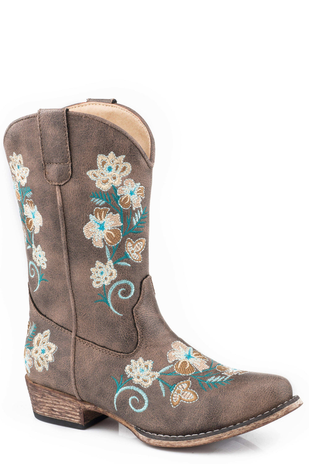Roper Little Girls Vintage Brown Faux Leather Boot With Floral Embroidery Vamp Shaft - Roper - Flyclothing LLC