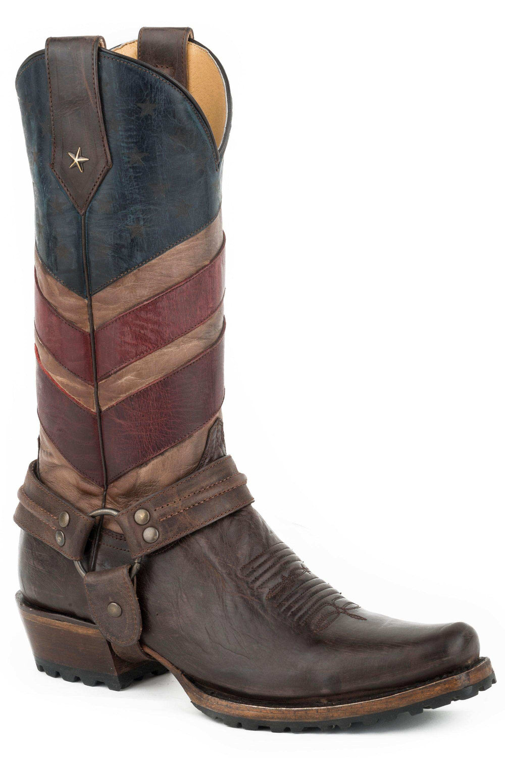 Roper Mens Leather Cowboy Boot Vintage American Flag Upper Waxy Brown Vamp With Harness And Lug Sole - Roper - Flyclothing LLC