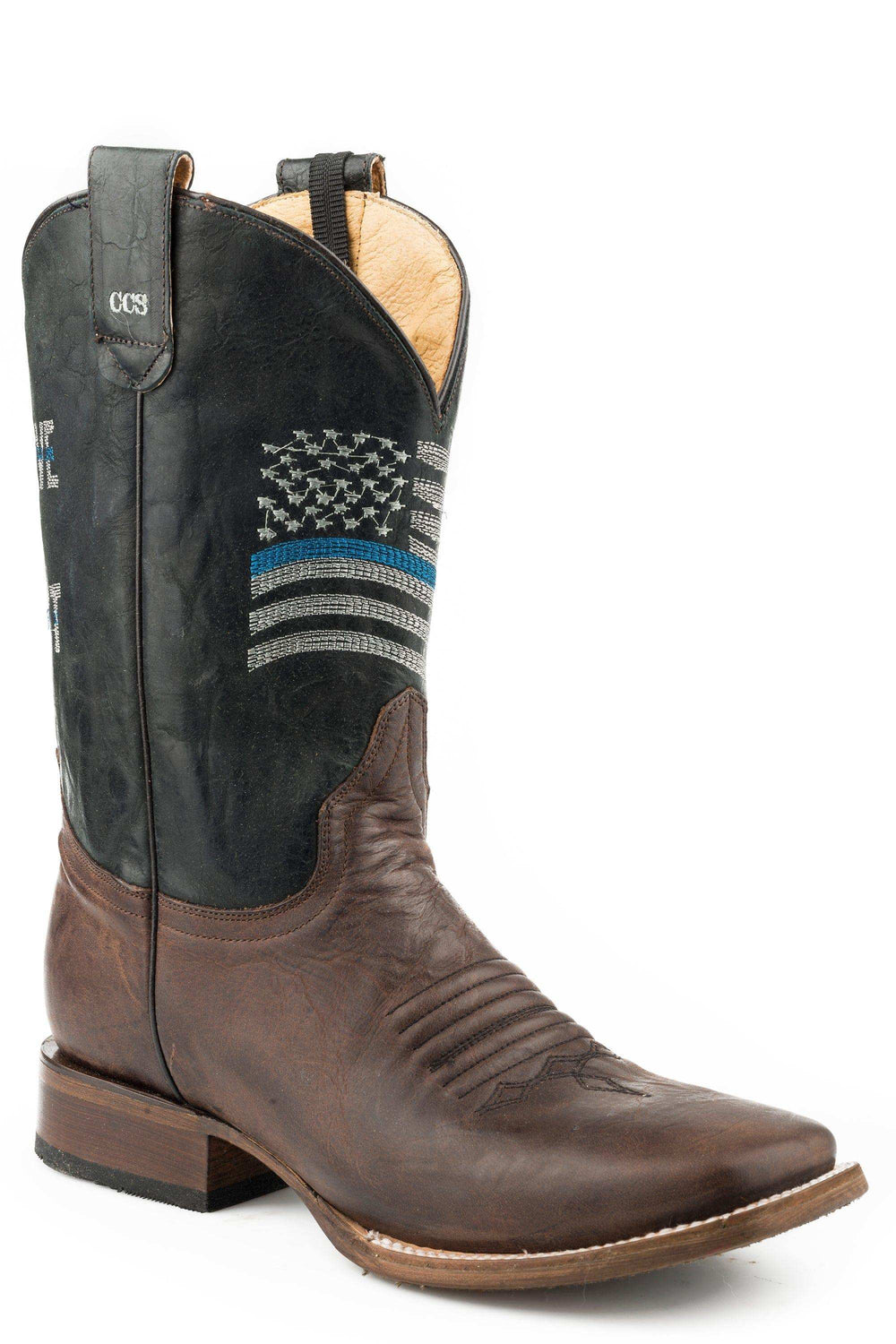 Roper Mens Leather Concealed Carry Boot Waxy Brown Vamp Black Upper With Embroidered American Flag And Rider Pocket Outside - Roper - Flyclothing LLC