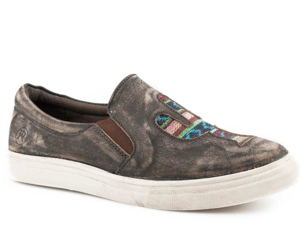 Roper Womens Athletic Slip On Rub Off Brown Leather And Applique Cactus On Vamp - Roper - Flyclothing LLC