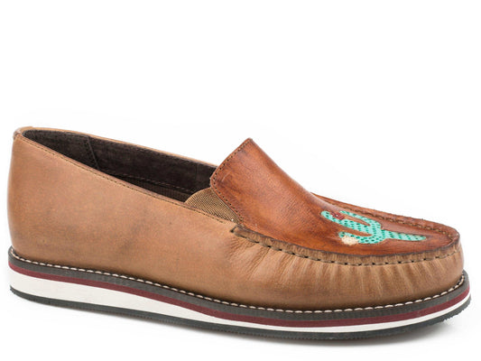 Roper Womens Slip On Moccasin Tan Burnished Leather With Handtooled Cactus Vamp - Roper - Flyclothing LLC