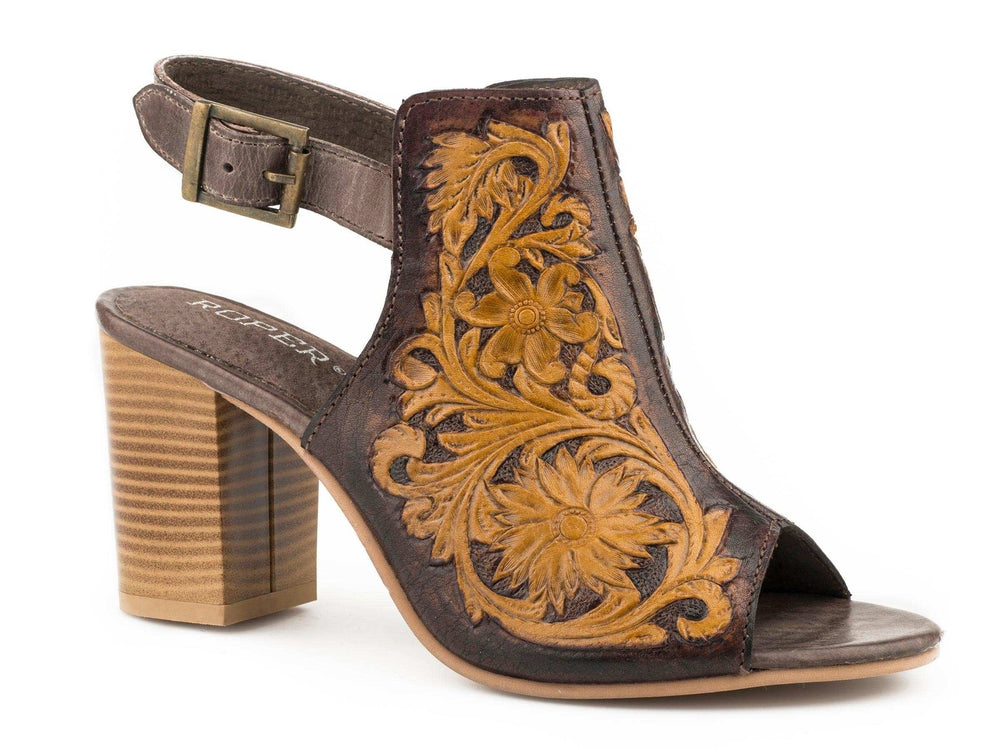 Roper Womens Fashion Mule Brown Floral Tooled Leather With Open Toe And Back Strap - Roper - Flyclothing LLC