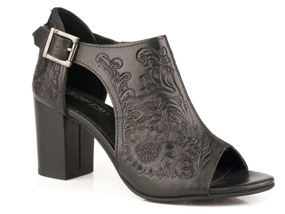 Roper Womens Black Floral Tooled Leather Fashion Open Toe Sandal - Roper - Flyclothing LLC