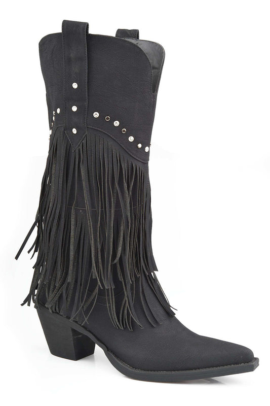ROPER WOMENS FASHION COWBOY BOOT BLACK FAUX LEATHER FRING WITH STUD DESIGN - Roper - Flyclothing LLC