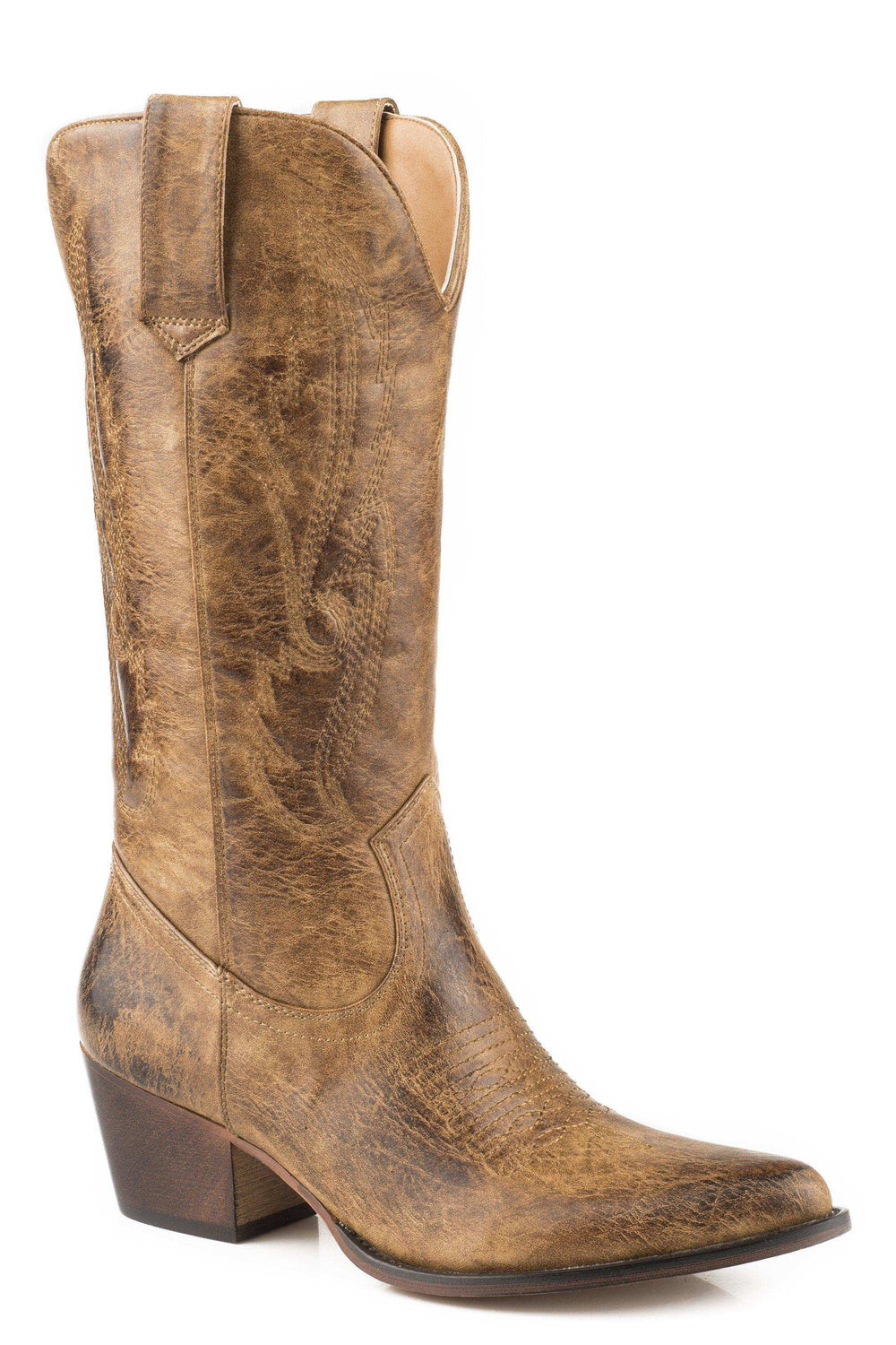 ROPER WOMENS FASHION COWBOY BOOT BURNISHED TAN FAUX LEATHER WITH ALL OVER EMBROIDERY - Roper - Flyclothing LLC