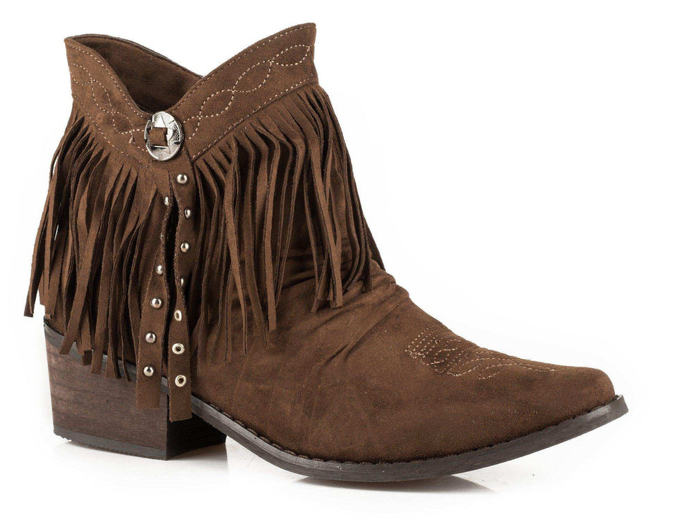 ROPER WOMENS FASHION SHORTY BOOT BROWN SUEDE FAUX LEATHER WITH FRINGE AND CONCHO STUDS - Roper - Flyclothing LLC
