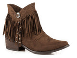 ROPER WOMENS FASHION SHORTY BOOT BROWN SUEDE FAUX LEATHER WITH FRINGE AND CONCHO STUDS - Roper - Flyclothing LLC
