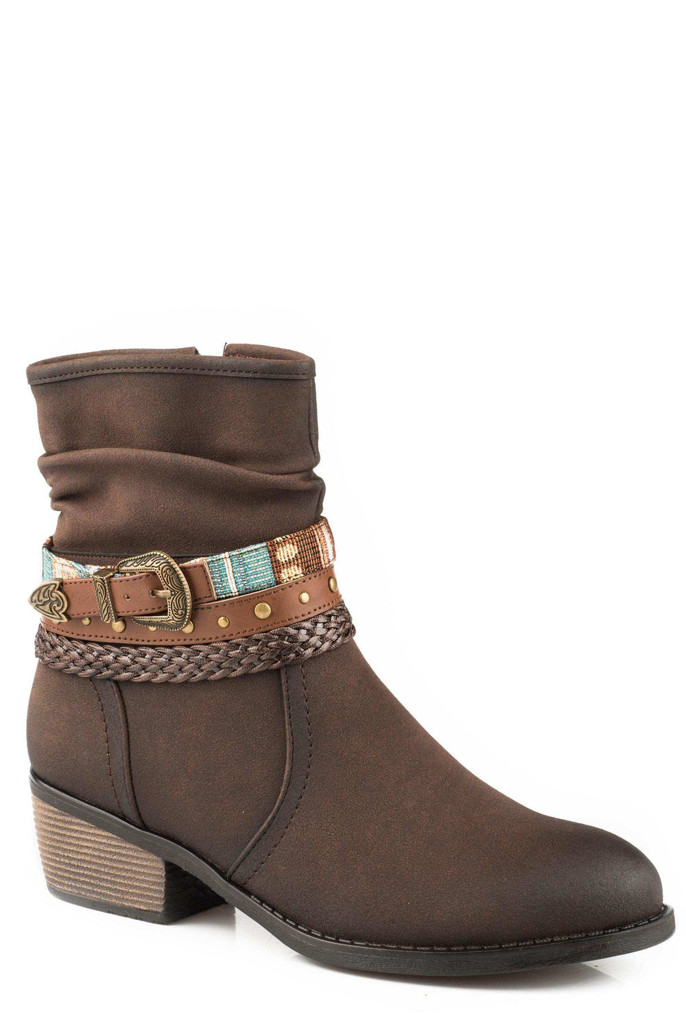 Roper Womens Fashion Shorty Boot Burnished Brown Faux Leather With Belt And Two Bands - Roper - Flyclothing LLC