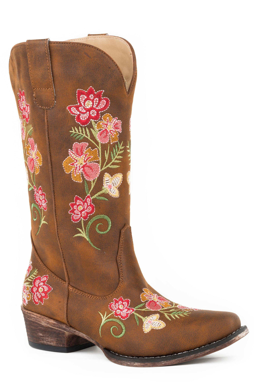 Roper Womens Fashion Cowboy Boot Vintage Cognac Faux Leather With All Over Floral Embroidery - Roper - Flyclothing LLC
