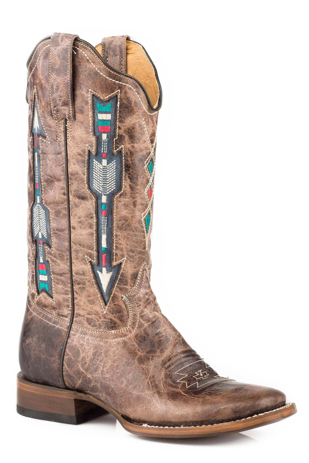 Roper Womens Leather Cowboy Boot Waxy Brown With Embroidered Arrow Underlay Design - Roper - Flyclothing LLC
