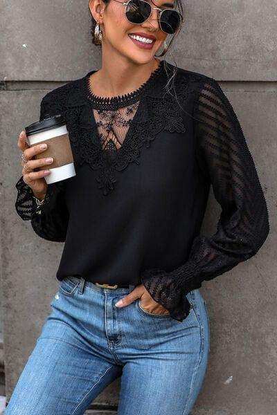 Lace Detail Smocked Flounce Sleeve Blouse - Trendsi - Flyclothing LLC