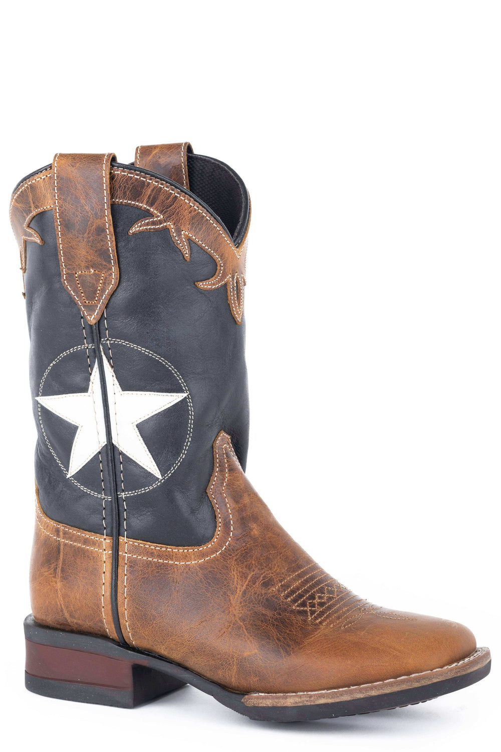 Roper Big Boys Tan Leather Vamp Boot With White Star Overlay On Navy Shaft - Roper - Flyclothing LLC