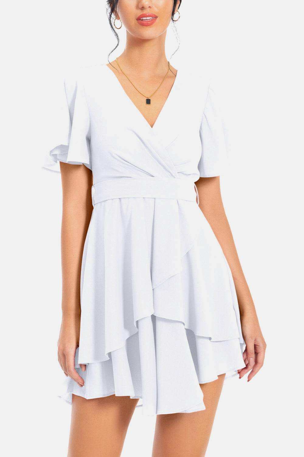 Surplice Neck Flutter Sleeve Dress - Trendsi - Flyclothing LLC