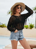 Fringe Trim Openwork Long Sleeve Cover-Up - Trendsi - Flyclothing LLC