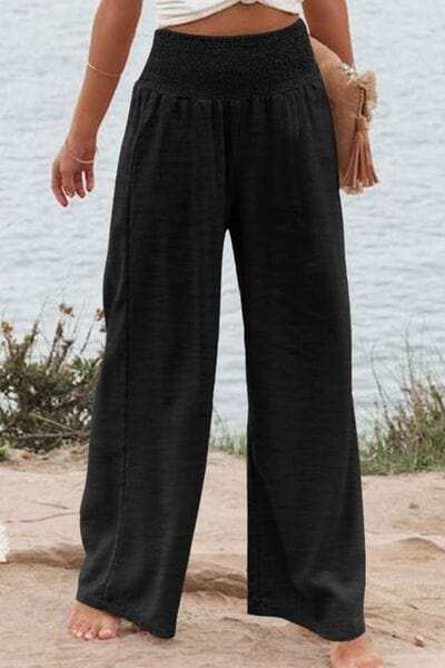 Plus Size Smocked High Waist Wide Leg Pants - Trendsi - Flyclothing LLC