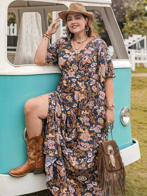 Floral V-Neck Short Sleeve Slit Dress - Trendsi - Flyclothing LLC