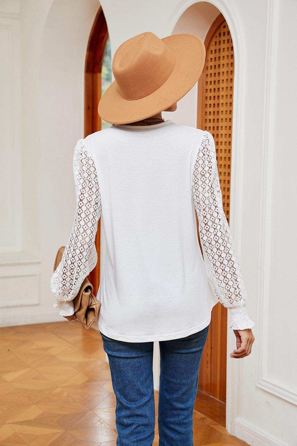Contrast V-Neck Long Sleeve Blouse - Trendsi - Flyclothing LLC