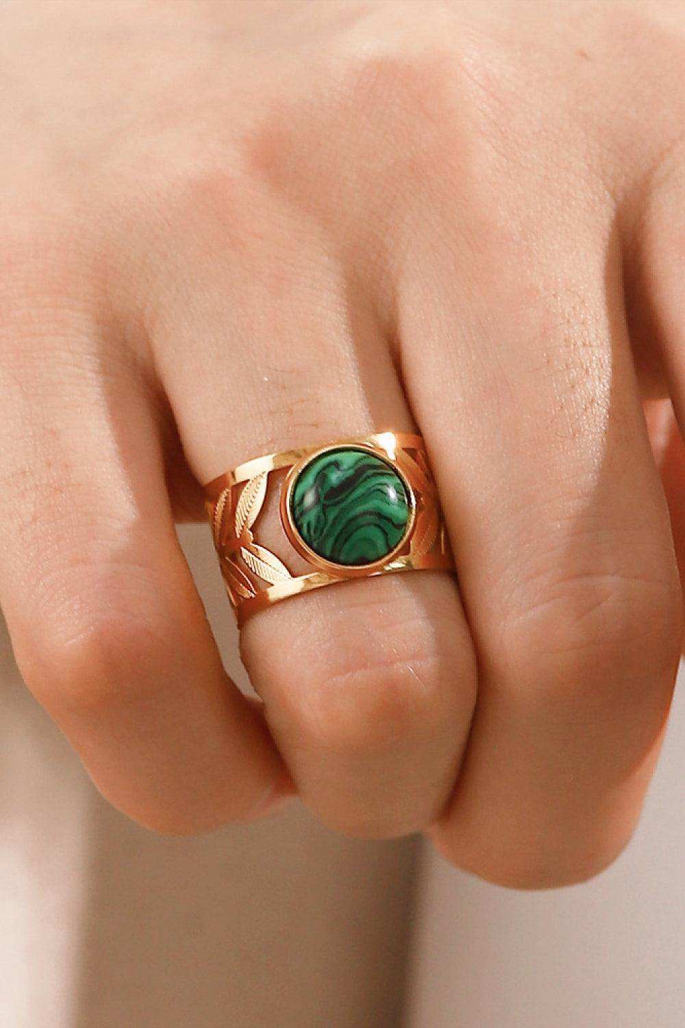 18k Gold Plated Malachite Leaf Ring - Trendsi - Flyclothing LLC