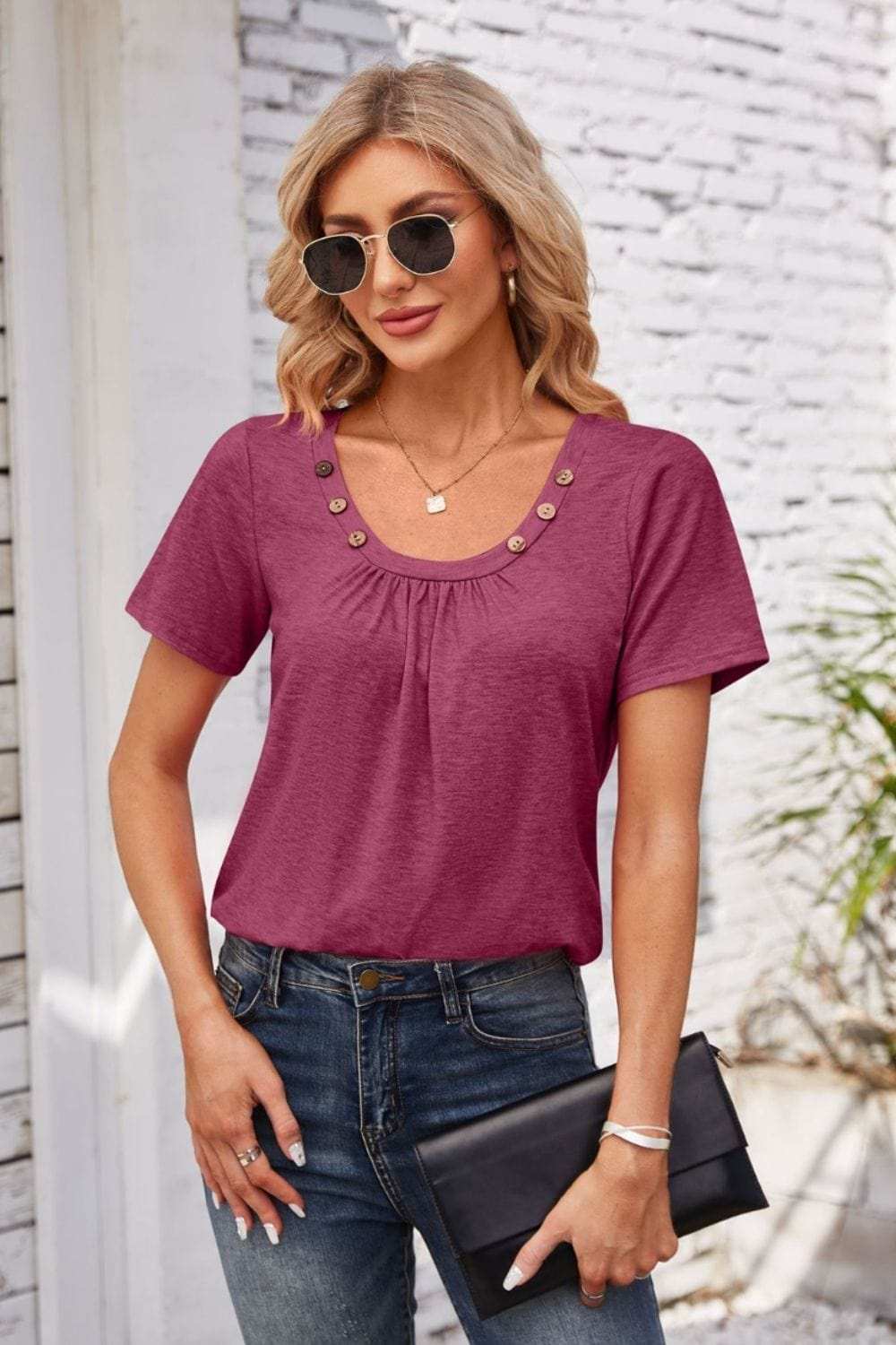 Decorative Button Scoop Neck T-Shirt - Trendsi - Flyclothing LLC