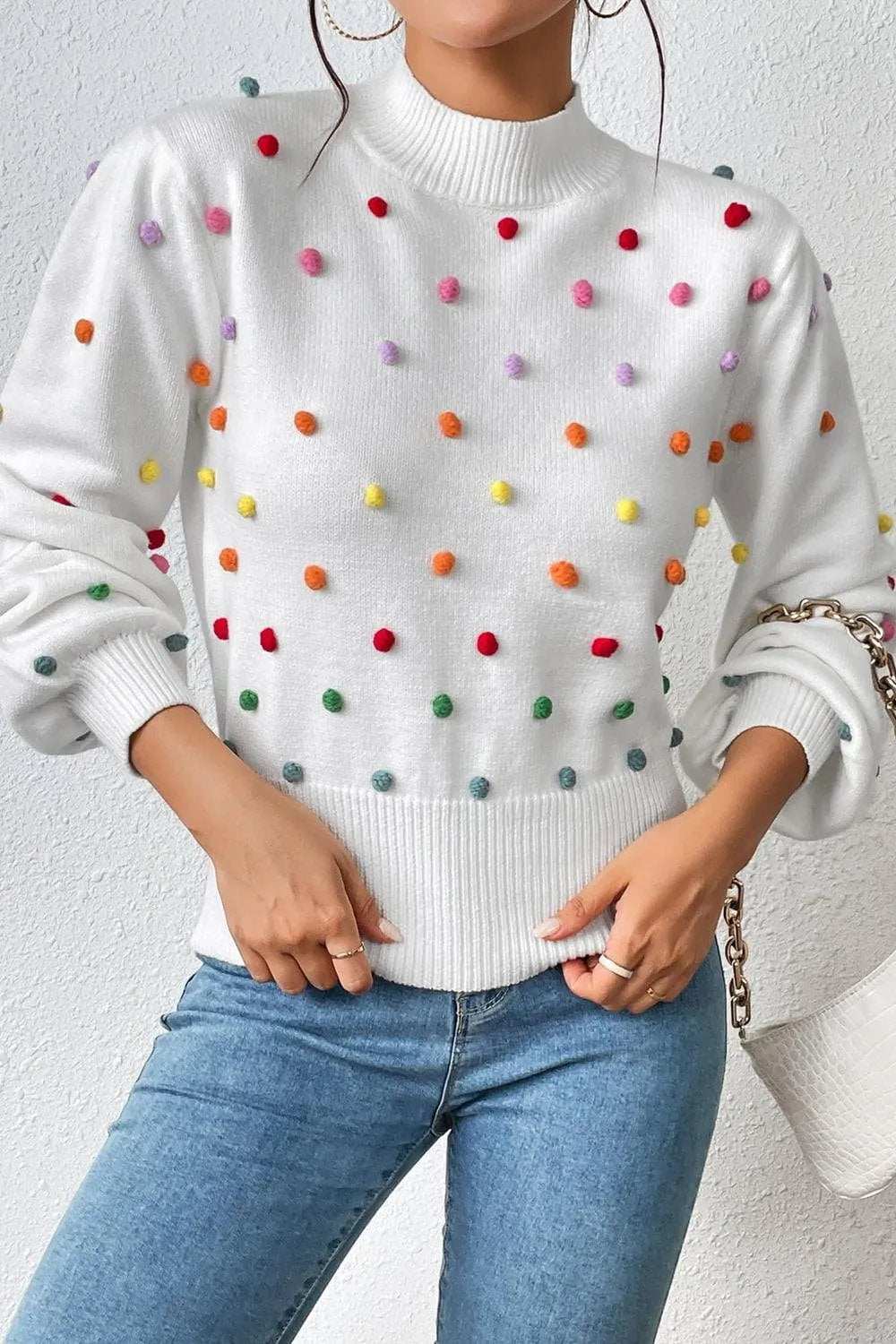 Pom-Pom Trim Mock Neck Long Sleeve Pullover Sweater - Trendsi - Flyclothing LLC